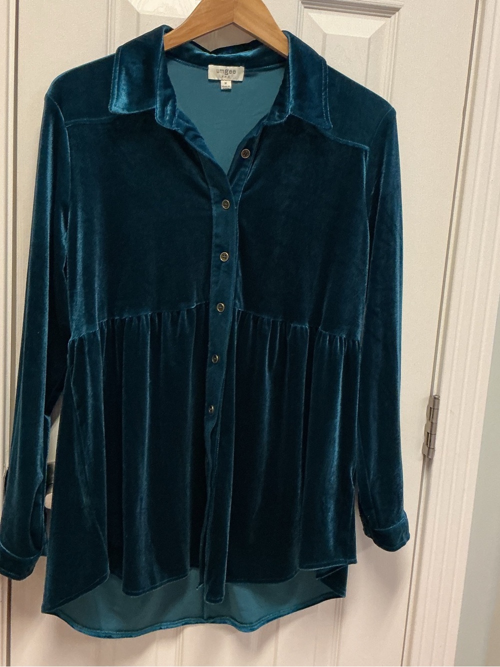 Umgee Teal Velvet Button Down Tunic Top Babydoll High Low SZ M Gothic